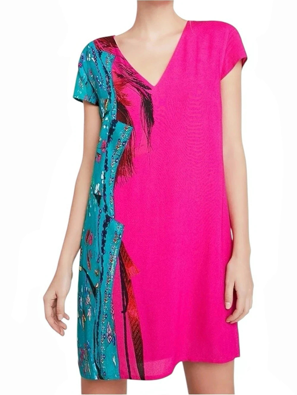 Desigual Hot Pink/Aqua Floral V-Neck Mini Dress (8)